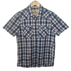 Vintage Hollister Western Pearl Snap Shirt Mens Size L Blue Plaid Short Sleeve